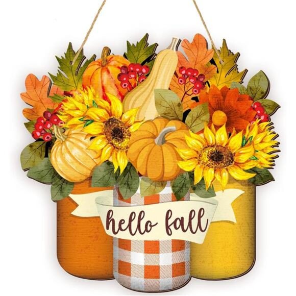 Thanksgiving Welcome Sign Fall Wall Art Wood Autumn Maple Door Decor Sunflower - Picture 1 of 7